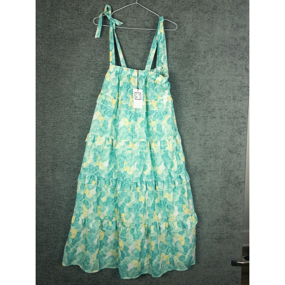 NWT THML Tiered Maxi Dress Womens M Teal Floral Polyester Tie Shoulder Boho